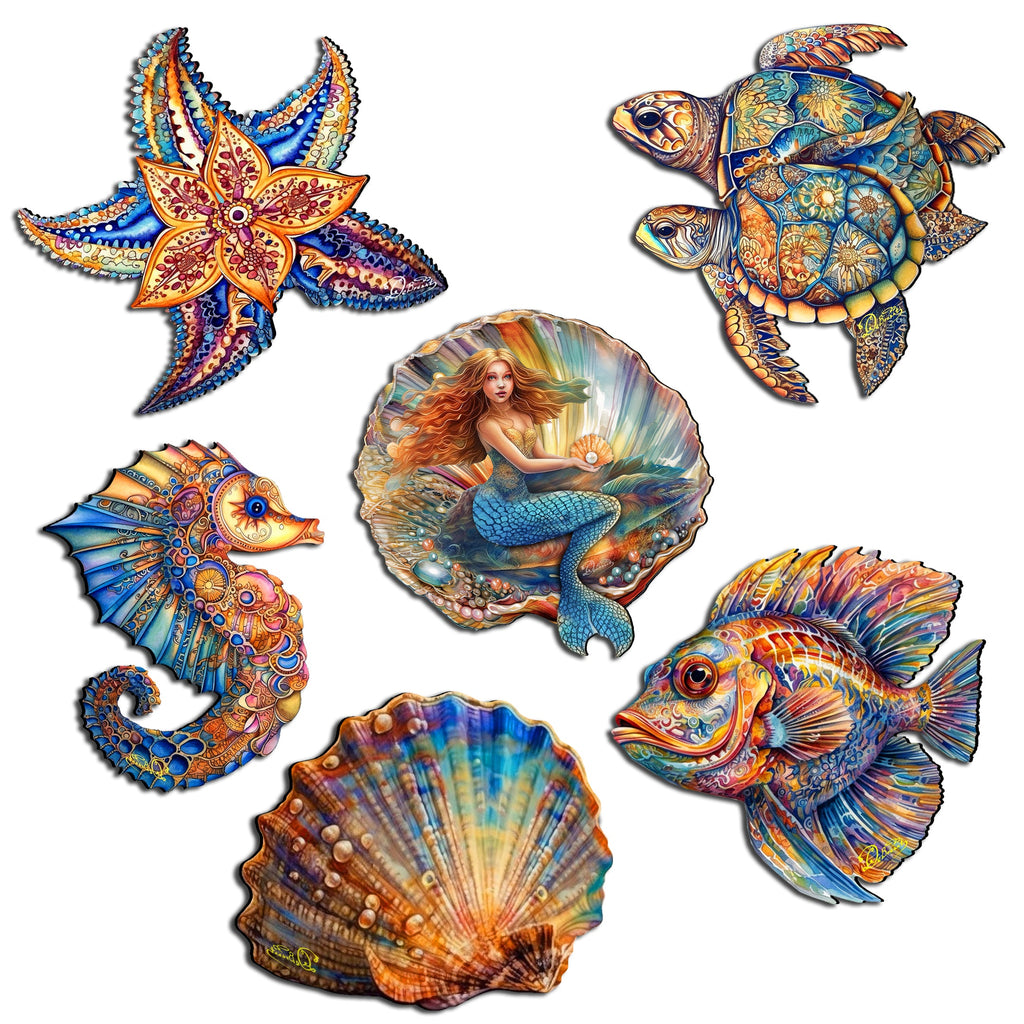 Mermaid and Friends Decorative Eco Wood Magnets Set of 6 by G. Debrekht - Coastal Decor - 8090064G-S6