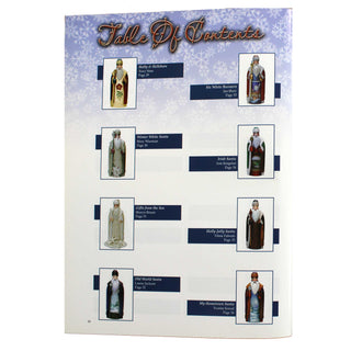 a collection of decorative figures, including Santa Claus, a white boomer, and other religious or holiday-themed figures, arranged in a table-like format with columns and rows.