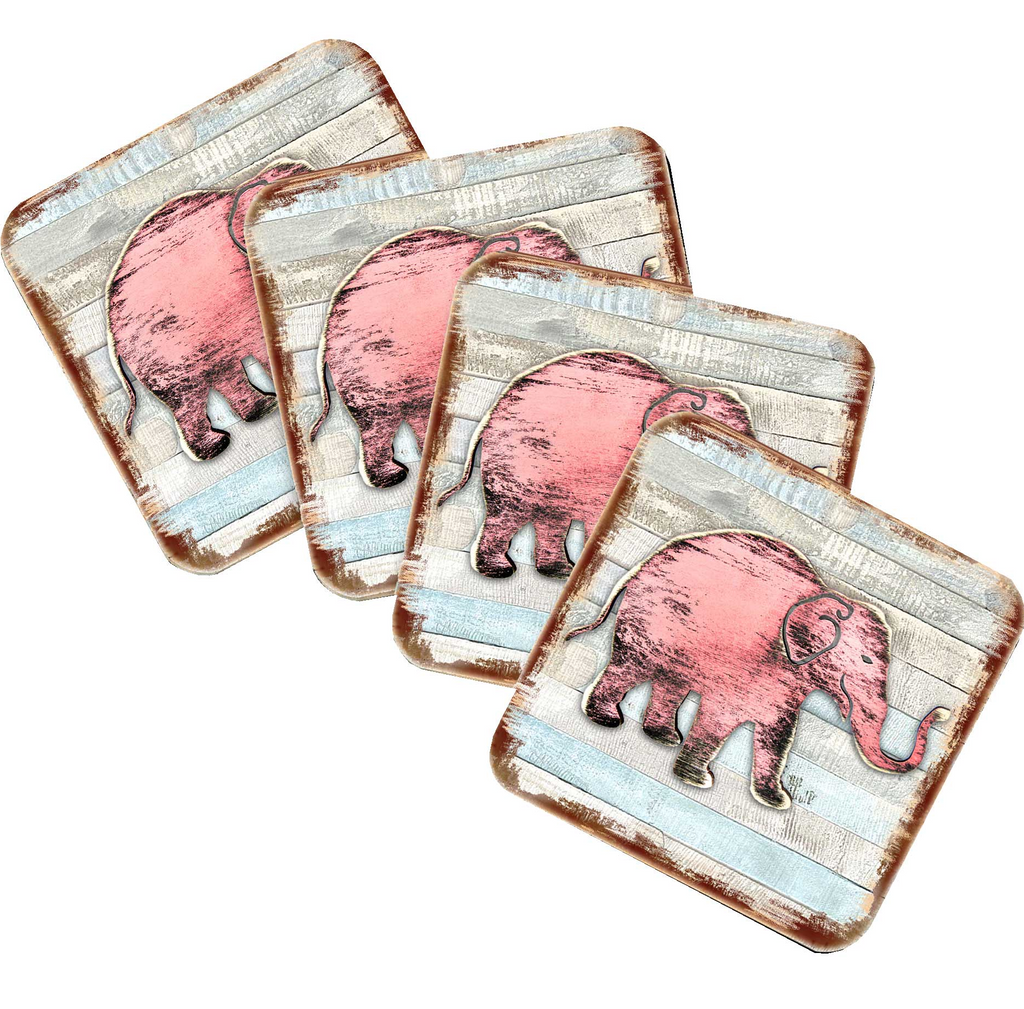 four square coasters with a pink elephant design on them.