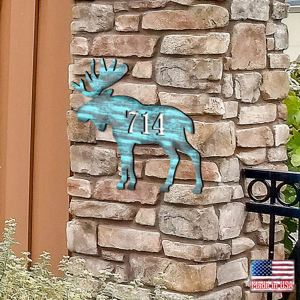 Moose Log Cabin Wooden Personalized House Number Sign - Nature Wildlife Decor - Handcrafted Wooden Handcrafted Wooden Address Sign - MA98222