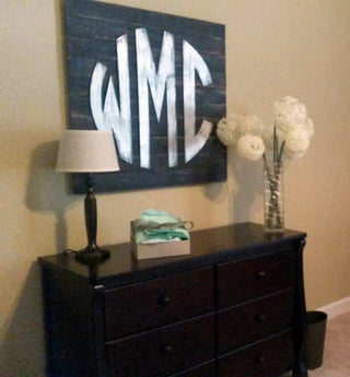 Personalized gifts 3 letter Monogram Circle Script mounted on Distressed wooden Board Home Decor Wedding Baby gift 5116P
