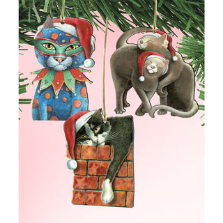 Party Cats Wooden Ornaments Set of 3 by Laura Seeley - Pets Dog and Cats Decor - 8100097S3-LS