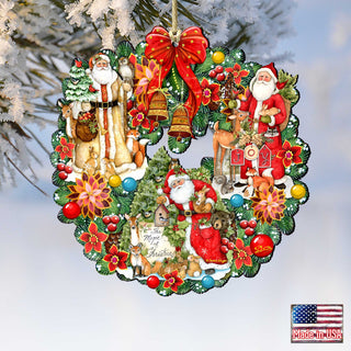 A wreath with various Christmas-themed decorations, including Santa Claus, reindeer, and other festive elements, hanging on a tree branch.