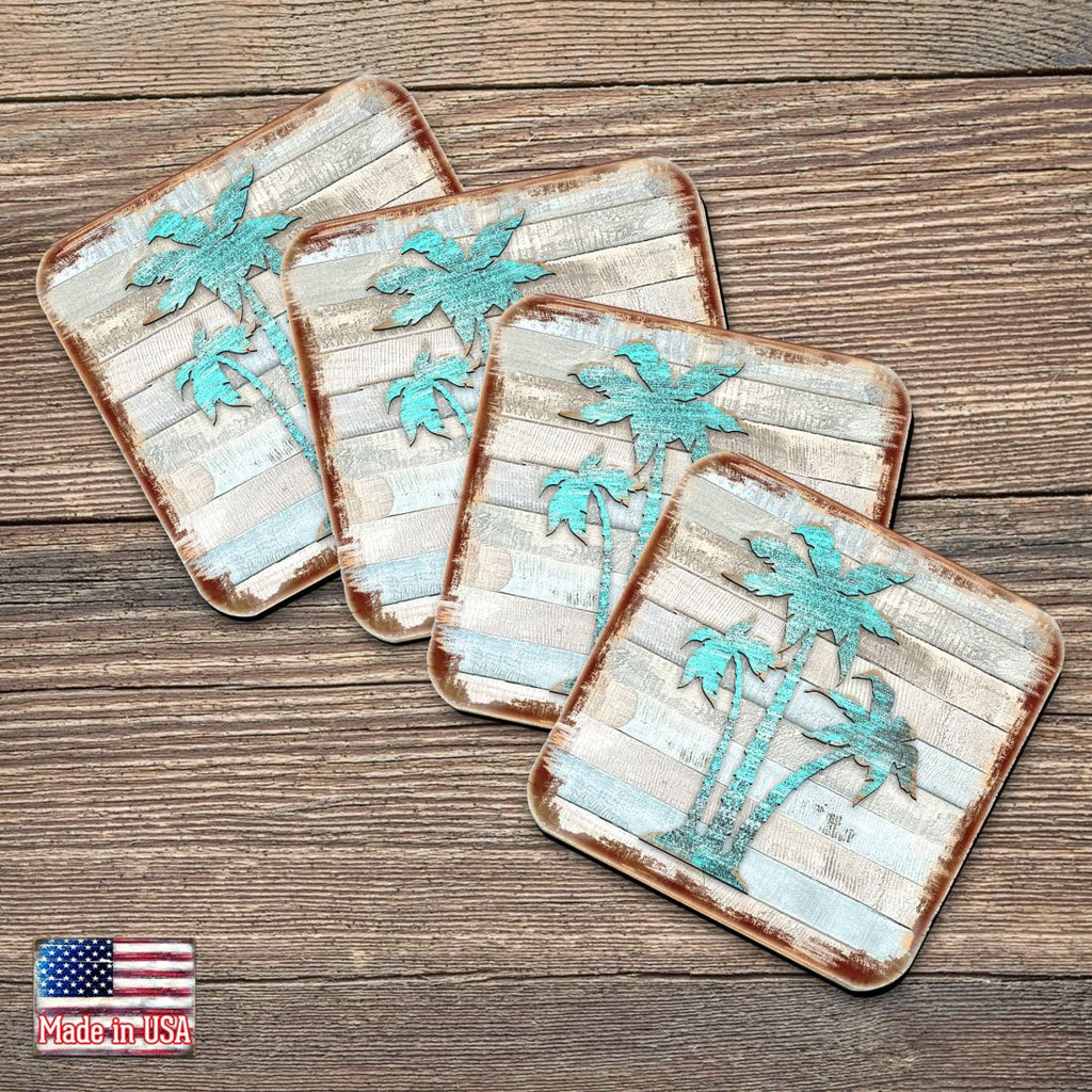 Palm Trees Coastal Wooden Cork Coasters Gift Set of 4 by Nature Wonders - Coastal Sea-Life Decor - 8198415-9C-S4