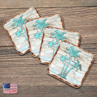Palm Trees Coastal Wooden Cork Coasters Gift Set of 4 by Nature Wonders - Coastal Sea-Life Decor - 8198415-9C-S4