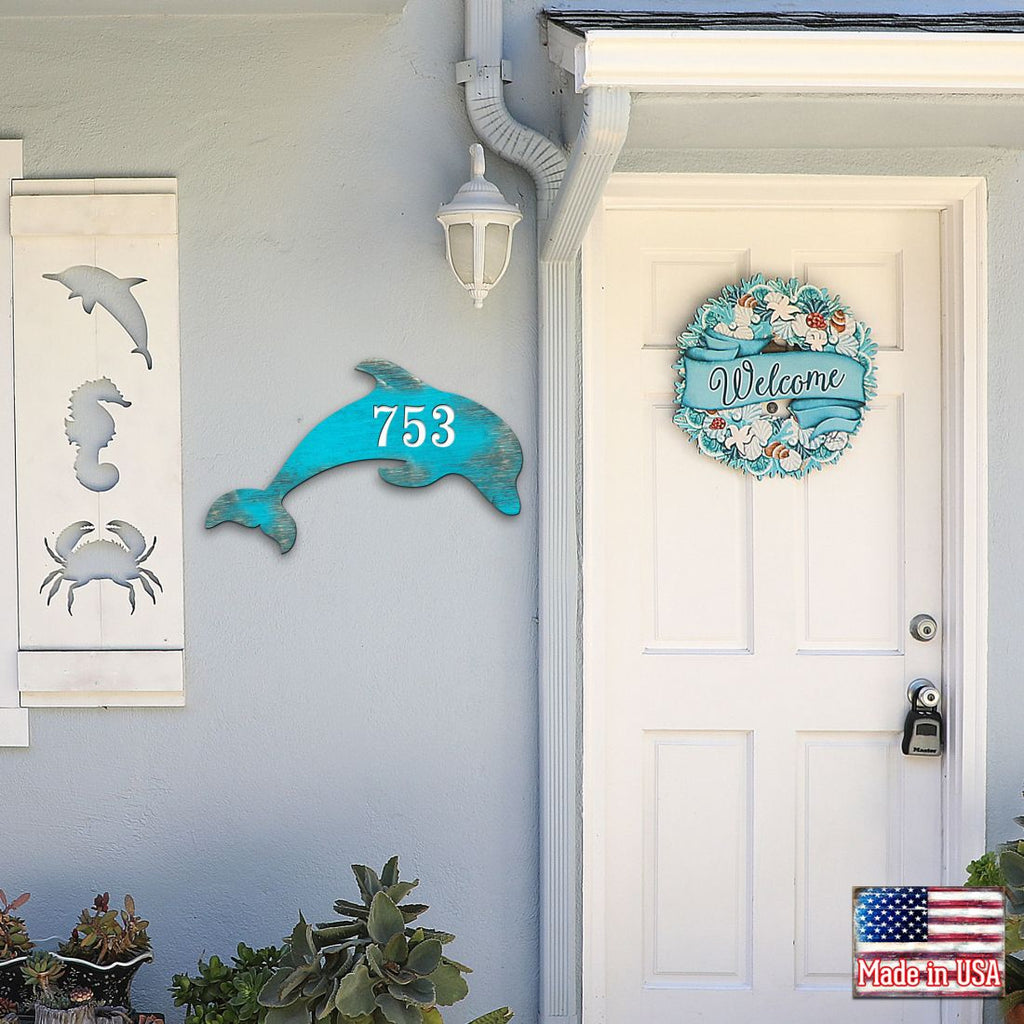 Dolphin Coastal Wooden Personalized House Number Sign by G. Debrekht - Coastal Sea-Life Decor - Handcrafted Wooden Handcrafted Wooden Address Sign - MA985193
