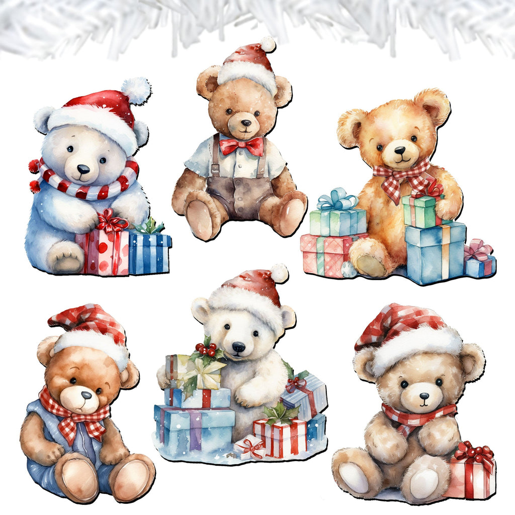 Christmas Teddy Bear Clip-On Eco Wood Decorative Ornaments Set of 6 by G. Debrekht - Christmas Decor - 8090011C-S6