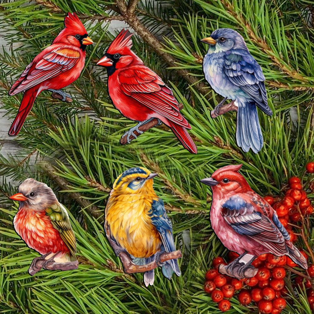 Winter Birds Clip-On Eco Wood Decorative Ornaments Set of 6 by G. Debrekht - Christmas Decor - 8090005C-S6