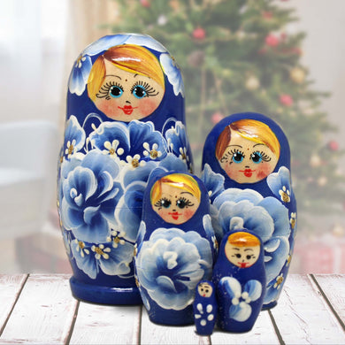 Fine China Blue Matreshka Nesting Hand-Painted Doll Set of 5 by G. DeBrekht - Christmas Decor - 140132-2