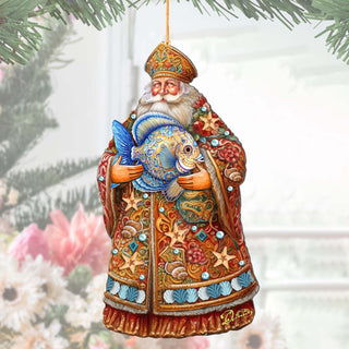 Santa with Fish Wooden Ornaments by G. Debrekht - Christmas Santa Snowman Decor - 8691411
