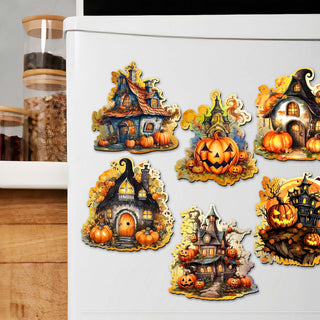 Spooky Houses Decorative Eco Wood Magnets Set of 6 by G. Debrekht - Halloween Decor - 8090007G-S6