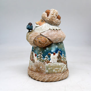 One-of-a-Kind Winter Village Santa with Bird WOODCARVED Figurine 6.5x4.5x4.5