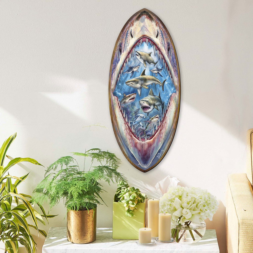 Shark Pull Coastal Surfboard Wall Art Handcrafted Ocean Decor by G. DeBrekht - Coastal Holiday Decor - 8490138HS