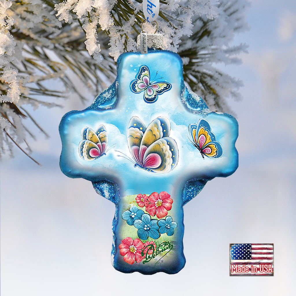 Blue Butterflies Cross Glass Ornament by G. DeBrekht - Nativity Holiday Decor - 758-003