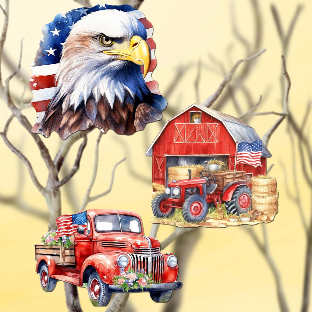 American flag Clip-On Eco Wood Decorative Ornaments Set of 3 by G. Debrekht - Patriotic Decor - 8091002C-S3