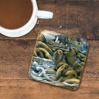 Lions of the Sea Wooden Cork Coasters Gift Set of 4 by J. Bergsma - Coastal Wildlife Decor - 8199466C-S4