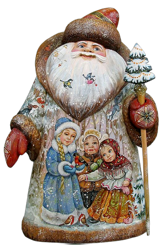 A detailed and colorful Christmas-themed sculpture depicting Santa Claus surrounded by children, with a snowy landscape and birds in the background.