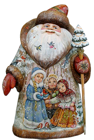 A detailed and colorful Christmas-themed sculpture depicting Santa Claus surrounded by children, with a snowy landscape and birds in the background.