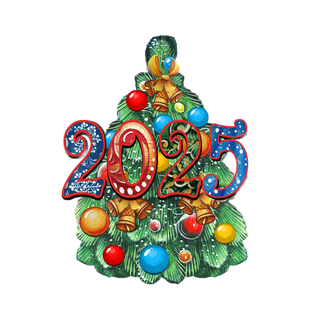 A Christmas tree decorated with colorful ornaments, bells, and a large number