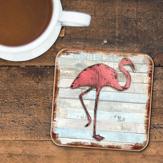 Flamingo Coastal Wooden Cork Coasters Gift Set of 4 by Nature Wonders - Coastal Sea-Life Decor - 8198544-9C-S4