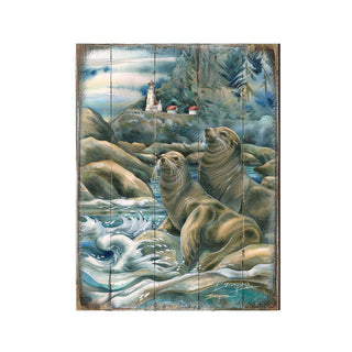 Lions of the Sea Lighthouse Caves Wooden Wall Art by J. Bergsma - Nature Wildlife Decor - 8592883BP-JB
