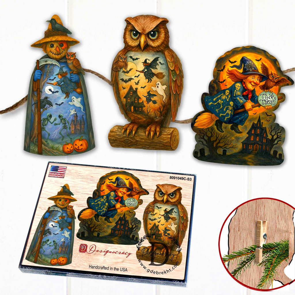 a collection of Halloween-themed owl decorations, including a carved owl figure, a carved owl on a stick, and a carved owl on a branch. The decorations are displayed against a white background, and there is a small piece of paper with additional information about the decorations.