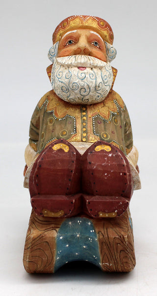 One-of-a-Kind Santa on Sleigh WOODCARVED Handpainted Figurine 4.5