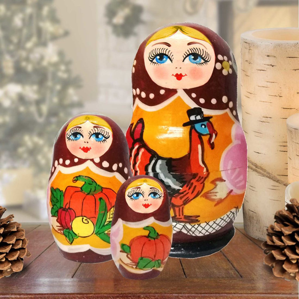 Thanksgiving Matreshka Nesting Hand-Painted Doll Set of 3 by G. DeBrekht - Thanksgiving Halloween Decor - 14718