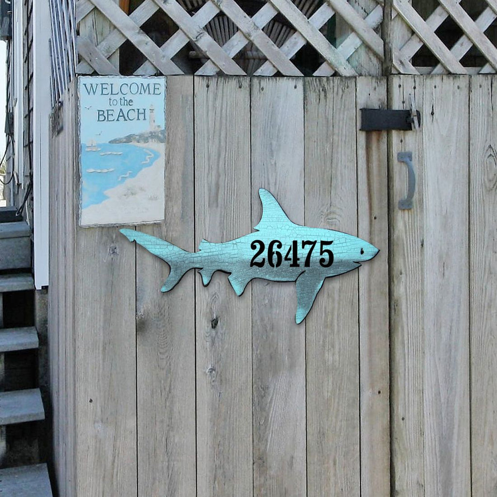 Shark Coastal Wooden Personalized House Number Sign by G. Debrekht - Coastal Sea-Life Decor - Handcrafted Wooden Handcrafted Wooden Handcrafted Wooden Address Sign - MA98515
