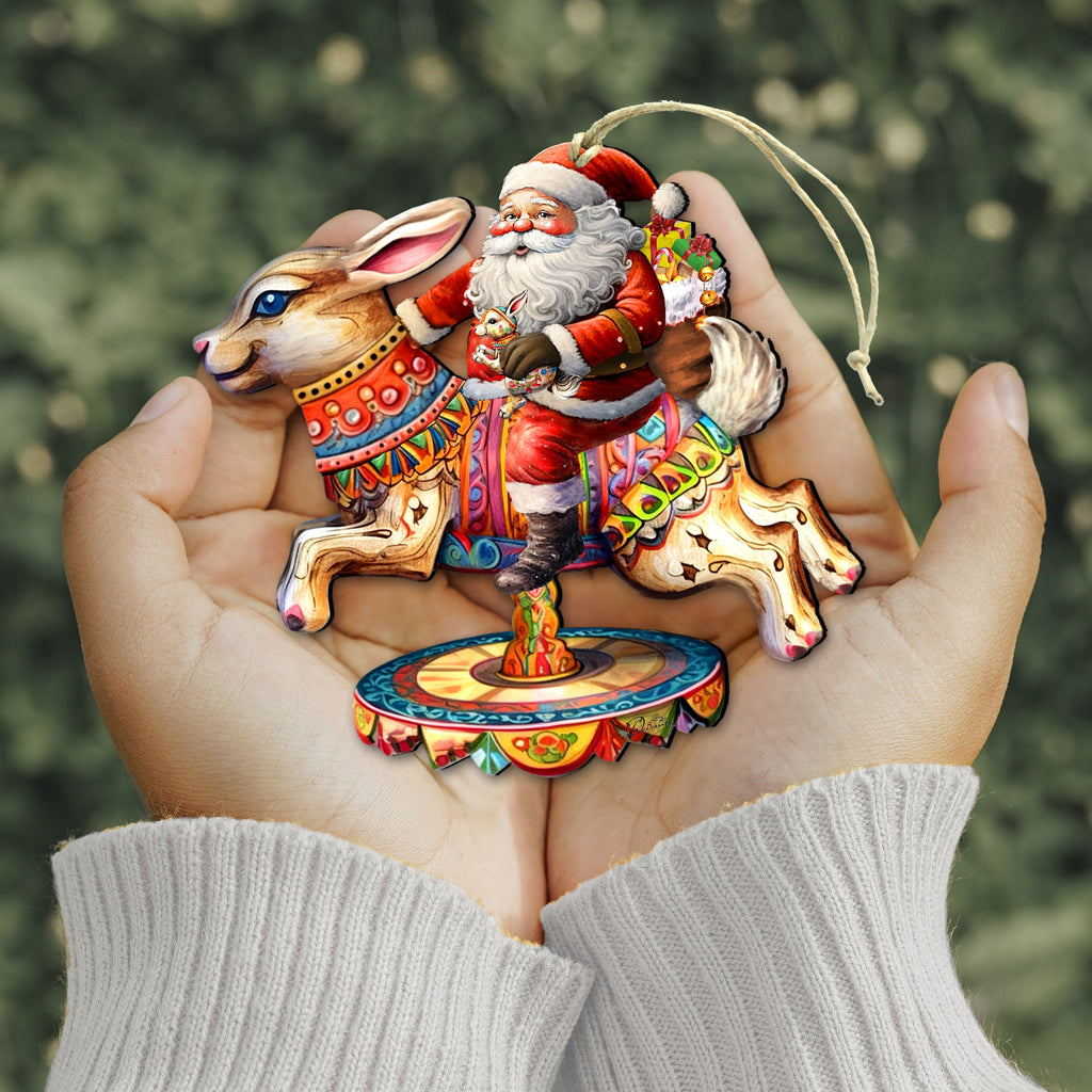 Santa Claus on Bunny Carousel Wooden Ornaments by G. Debrekht Christmas Santa Snowman Decor - 8611067