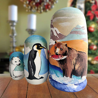 Fisherman Bear Matreshka Nesting Hand-Painted Doll Set of 3 by G. DeBrekht - Coastal Holiday Decor - 14775
