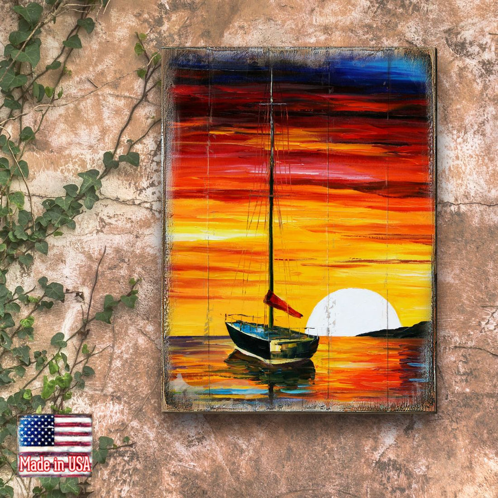 Alberty Sailboat Sunset Wooden Coastal Wall Art by Nature Wonders - Coastal Sea-Life Decor - 95323B