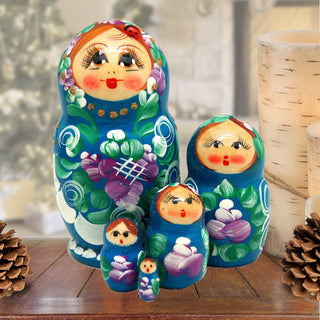 Blue Golden Floral Matreshka Nesting Hand-Painted Dolls Set of 5 by G. DeBrekht - Christmas Decor - 140136