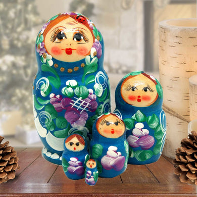 Blue Golden Floral Matreshka Nesting Hand-Painted Dolls Set of 5 by G. DeBrekht - Christmas Decor - 140136