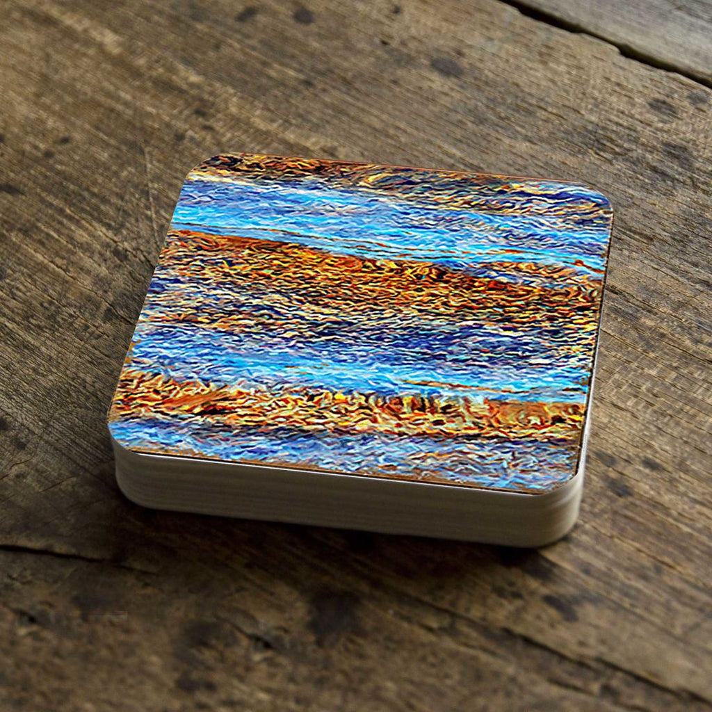 Beach Waves Coastal Wooden Cork Coasters Gift Set of 4 by Nature Wonders - Coastal Sea-Life Decor - 95354C-S4