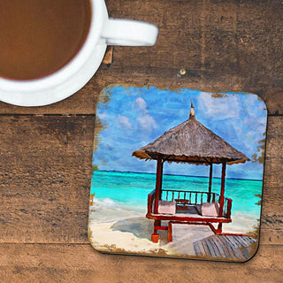 Beach Cabana Coastal Wooden Cork Coasters Gift Set of 4 by Nature Wonders - Coastal Sea-Life Decor - 95270C-S4