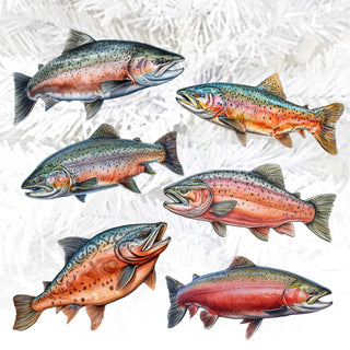 Wild Salmon Tales Clip-On Eco Wood Decorative Ornaments Set of 6 by G. Debrekht - Wildlife Decor - 8090109C-S6