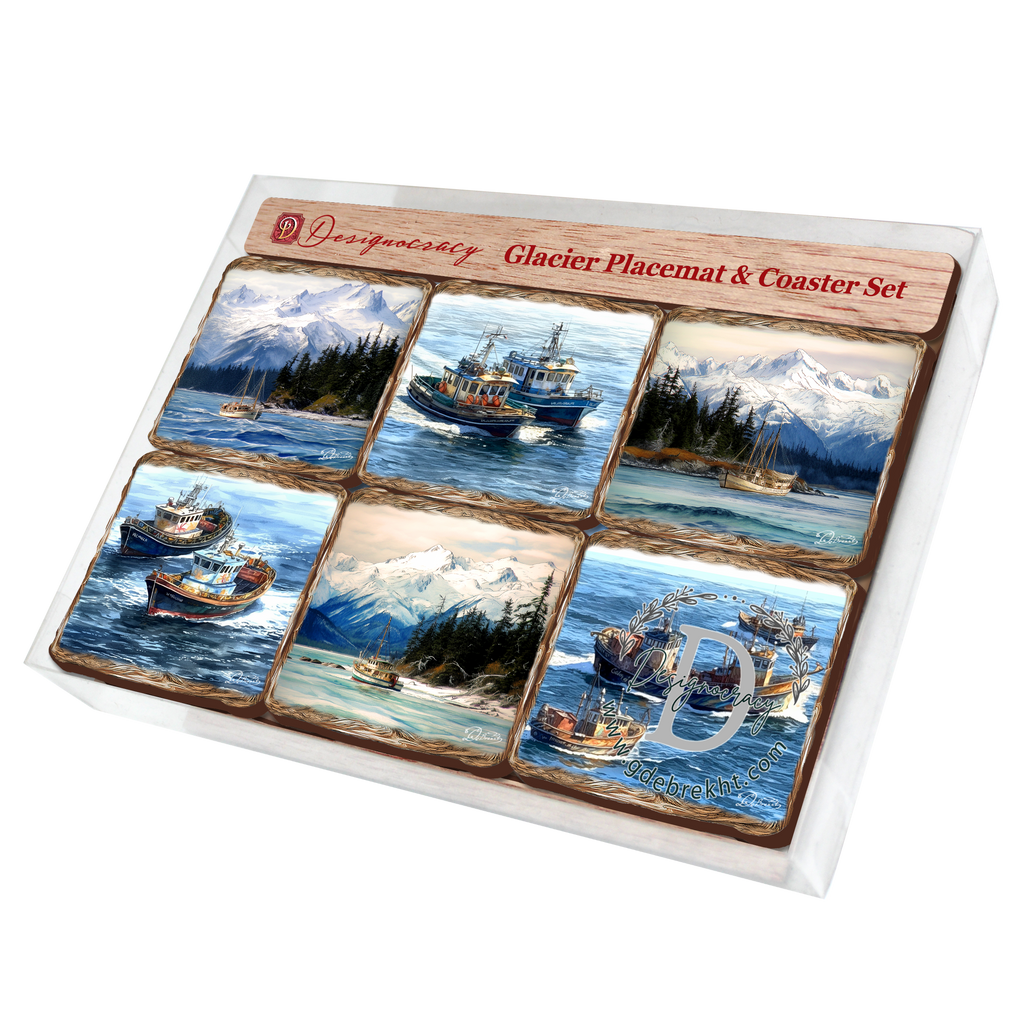 Fishing Boats Wooden Cork Placemat and Coasters Gift Set of 7 by Nature Wonders Coastal Wildlife Decor - 85405C-S7
