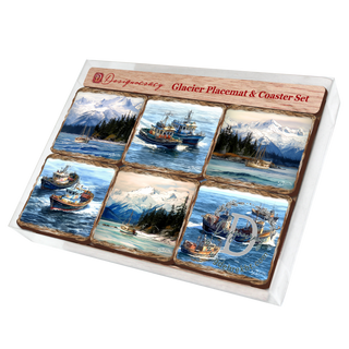 Fishing Boats Wooden Cork Placemat and Coasters Gift Set of 7 by Nature Wonders Coastal Wildlife Decor - 85405C-S7