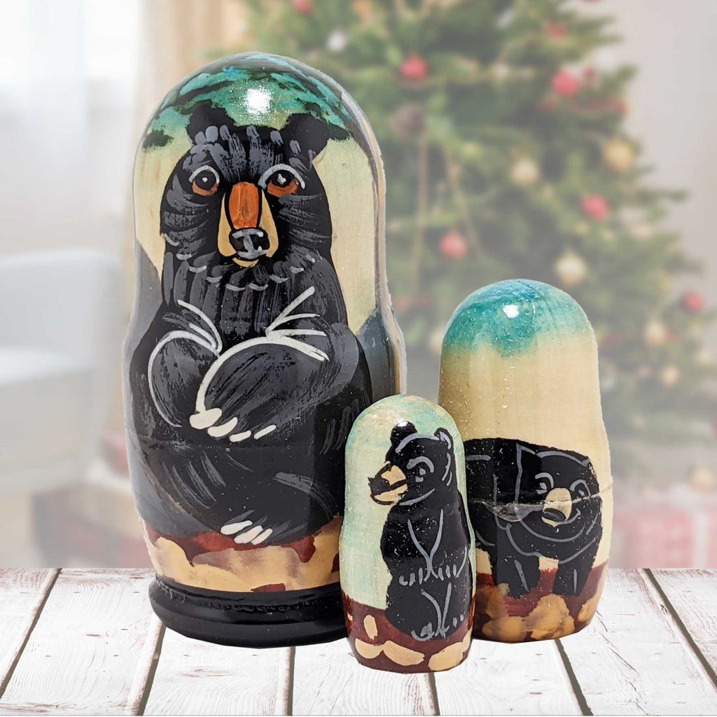 Black Bear Matreshka Nesting Hand-Painted Doll Set of 3 by G. DeBrekht - Wildlife Holiday Decor - 14767