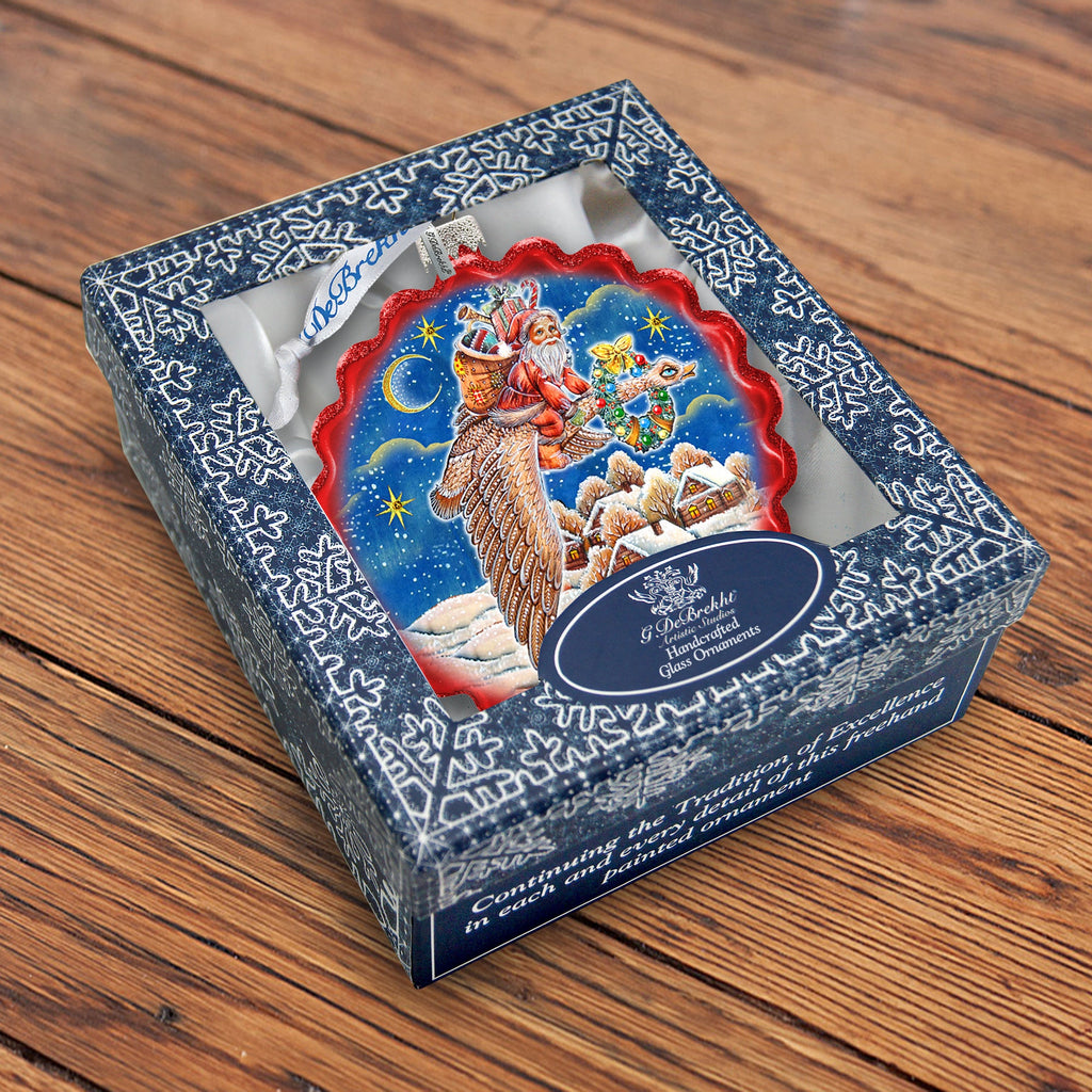 Santa on Goose Wreath Glass Ornament by G. DeBrekht - Christmas Santa Snowman Decor - 759-036