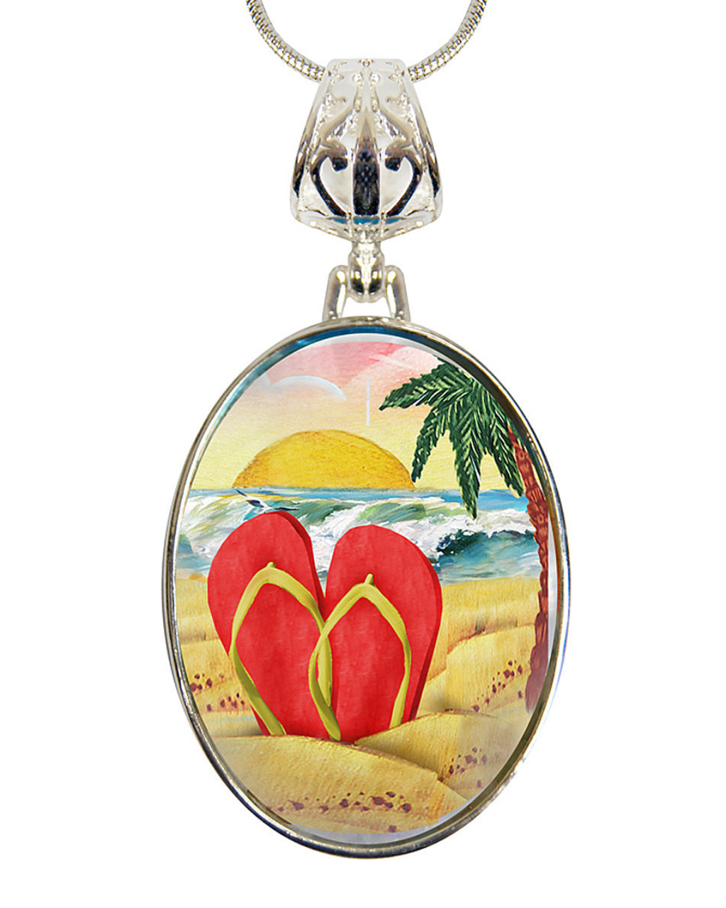 A round pendant necklace with a design featuring a beach scene with a palm tree, a sunset, and two red flip-flops.