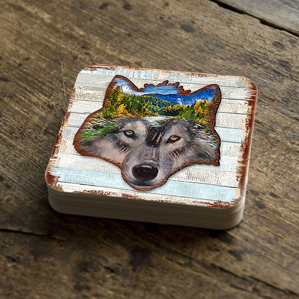 Wolf Face Wooden Cork Coasters Gift Set of 4 by Nature Wonders - Nature Wildlife Decor - 8198227-4-9C-S4
