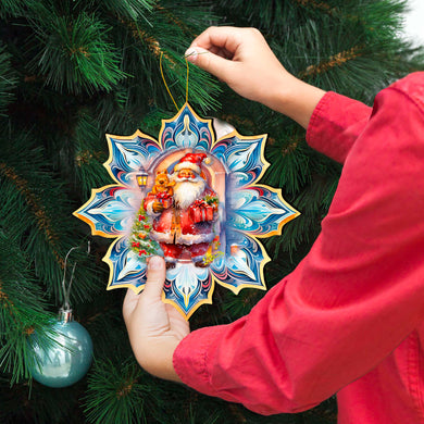 Santa with Gifts Snowflake Large Wooden Ornament by G. Debrekht - Christmas Santa Snowman Decor - 8688421M