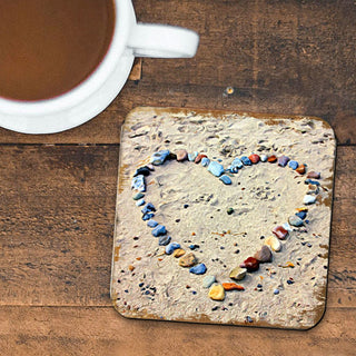 Heart Beach Art Coastal Wooden Cork Coasters Gift Set of 4 by Nature Wonders - Coastal Sea-Life Decor - 95254C-S4