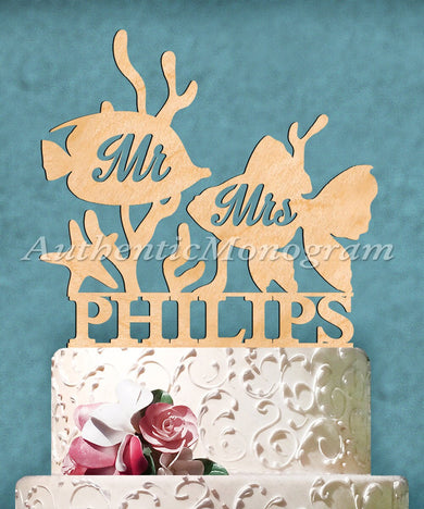 Wedding Cake Topper - Natural wood Custom Mr. & Mrs. Aquatic Life Cake Topper. Wedding, Initial, Celebration, Under the Sea, Beach Wedding