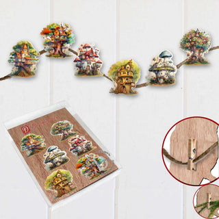 Tree House Clip-On Eco Wood Decorative Ornaments Set of 6 by G. Debrekht - Christmas Decor - 8090026C-S6