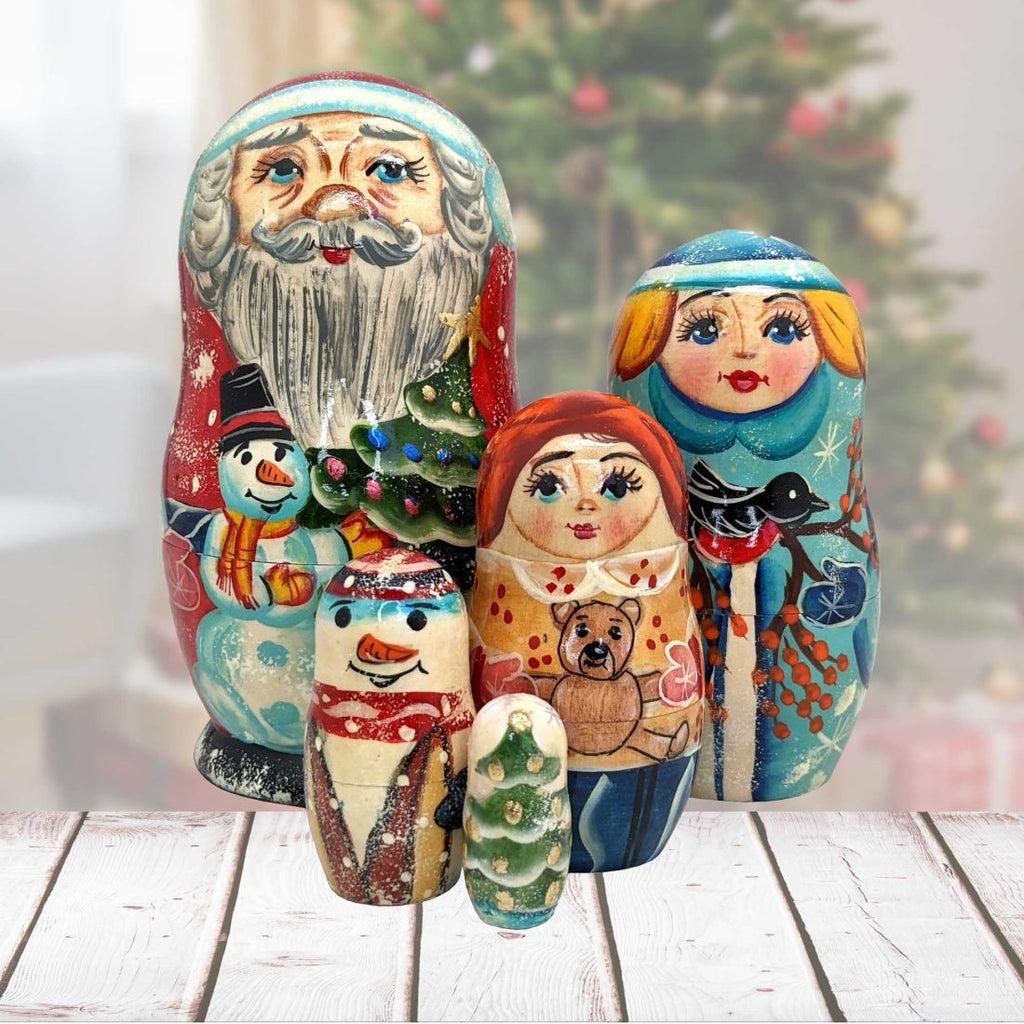 Santa Family Matreshka Nesting Hand-Painted Doll Set of 5 by G. DeBrekht - Christmas Santa Snowman Decor - 120015