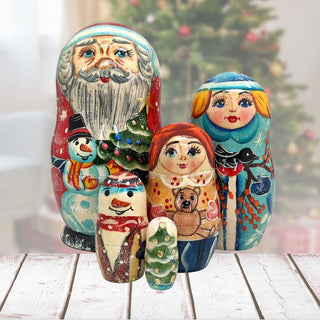 Santa Family Matreshka Nesting Hand-Painted Doll Set of 5 by G. DeBrekht - Christmas Santa Snowman Decor - 120015
