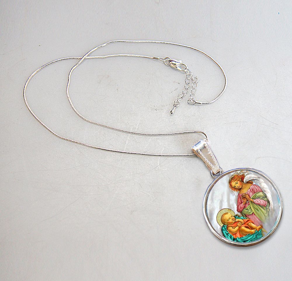 Blessing Angel with Child Silver Plated Mother of Pearl Silver Necklace - 43028